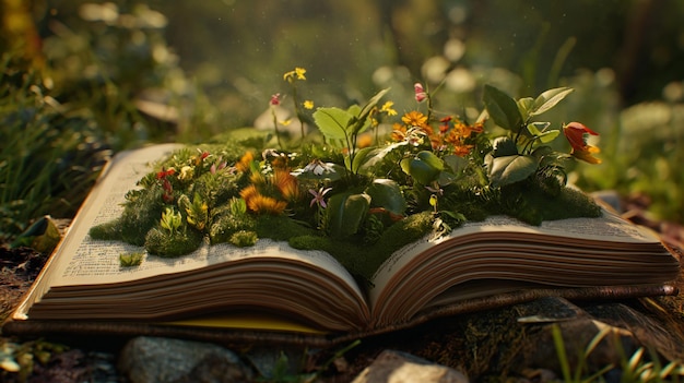 Garden fabulous magic tree and flowers growing out of an open book fairy tale Magical garden fabulous tree emerges from pages of open book branches adorned with vibrant flowers