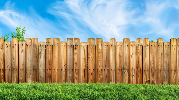 garden fence encloses vibrant green grass offering backyard security under blue skies