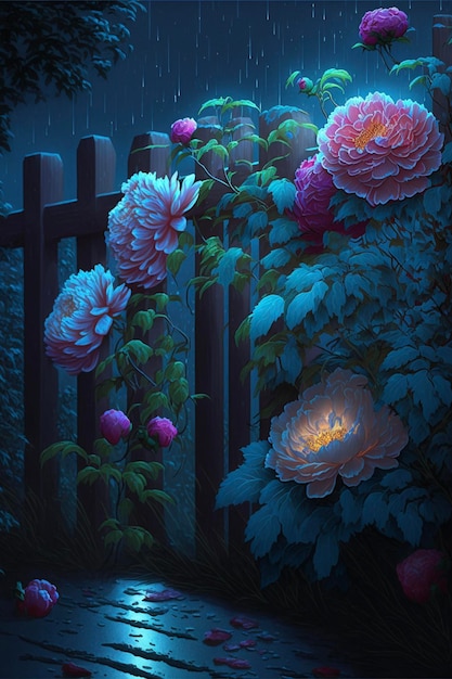 Garden filled with lots of flowers next to a wooden fence generative ai