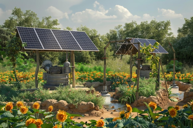 A garden filled with vibrant sunflowers featuring a solar panel providing sustainable energy A creative portrayal of solarpowered pumps supporting a smart irrigation system in a rural area