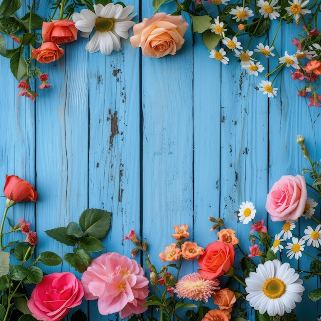 Garden flowers over blue wooden table background Backdrop with copy space