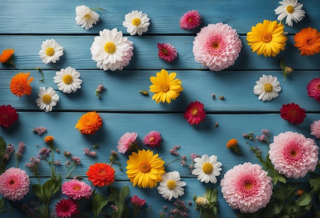 Photo garden flowers over blue wooden table background backdrop with copy space