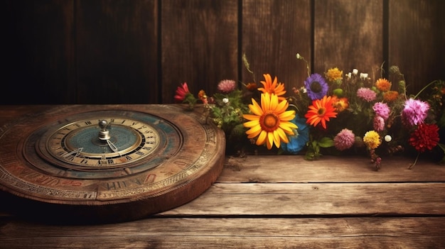 Garden flowers over Sundial wooden table background Generative AI