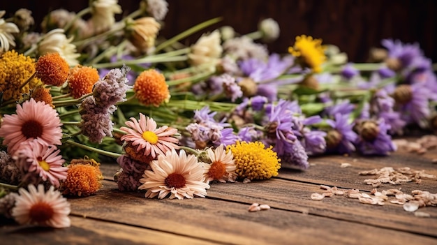 Garden flowers on wooden table background Generative AI