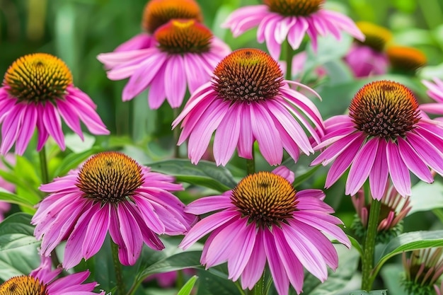 A garden full of vibrant purple coneflowers Echinacea purpurea with their round yellow center and dark pink petals