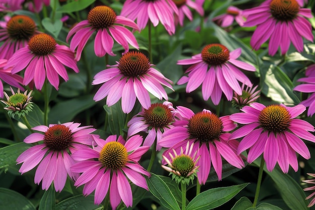 A garden full of vibrant purple coneflowers Echinacea purpurea with their round yellow center and dark pink petals