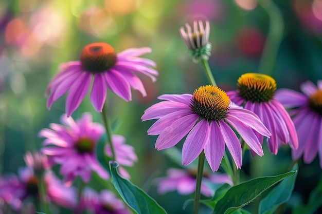 A garden full of vibrant purple coneflowers Echinacea purpurea with their round yellow center and dark pink petals