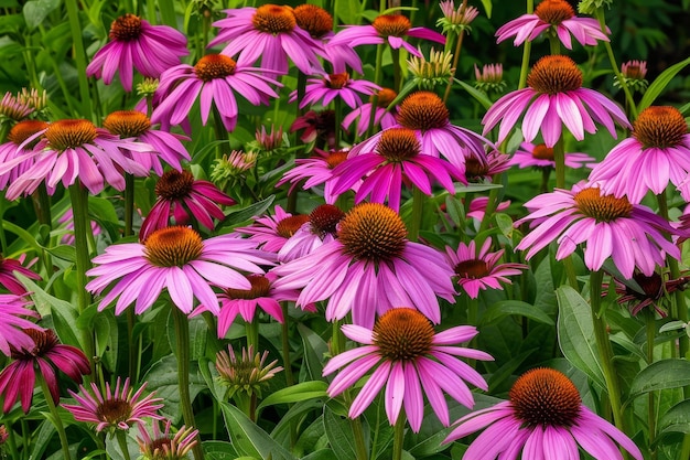 A garden full of vibrant purple coneflowers Echinacea purpurea with their round yellow center and dark pink petals