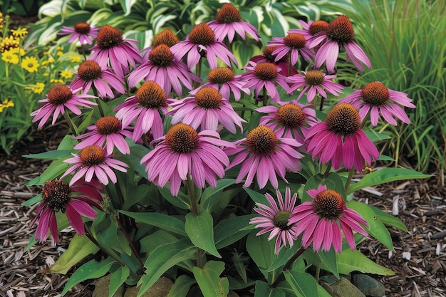 A garden full of vibrant purple coneflowers Echinacea purpurea with their round yellow center and dark pink petals