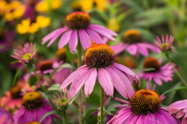 A garden full of vibrant purple coneflowers Echinacea purpurea with their round yellow center and dark pink petals