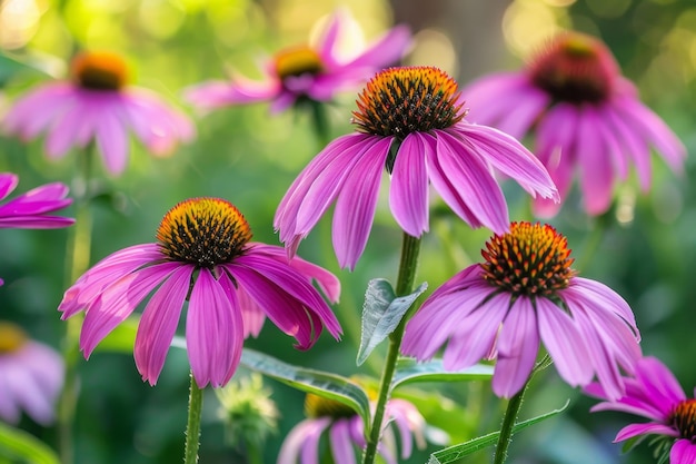 A garden full of vibrant purple coneflowers Echinacea purpurea with their round yellow center and dark pink petals