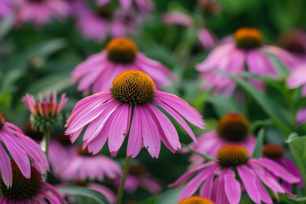 A garden full of vibrant purple coneflowers Echinacea purpurea with their round yellow center and dark pink petals