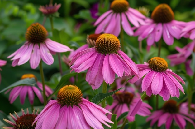 A garden full of vibrant purple coneflowers Echinacea purpurea with their round yellow center and dark pink petals