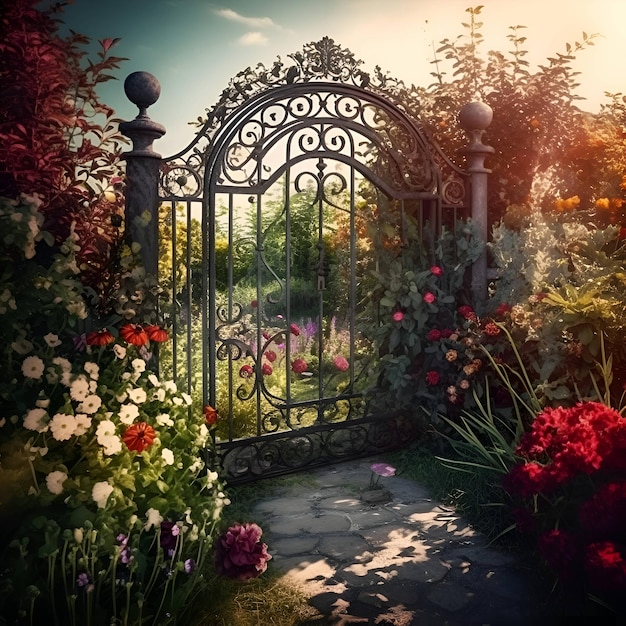 Garden gate with flowers in garden at sunset filtered image