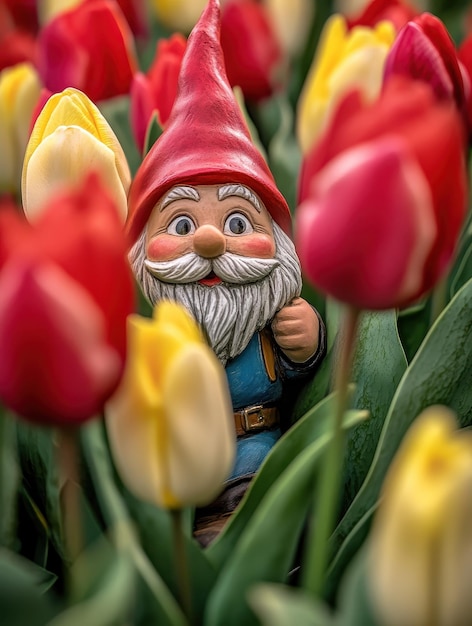 Photo garden gnome peeking out from behind a bed of tulips