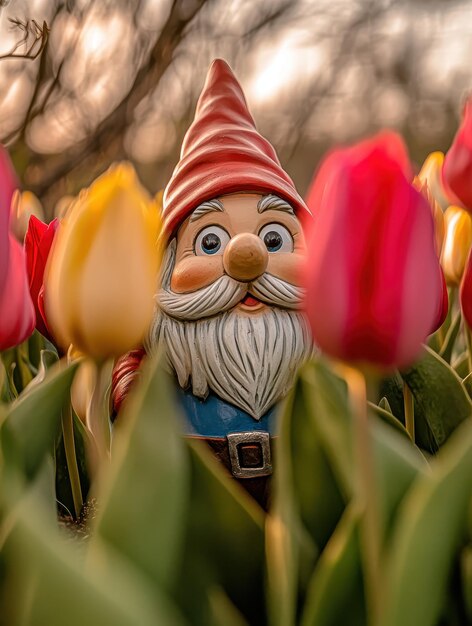 Photo garden gnome peeking out from behind a bed of tulips