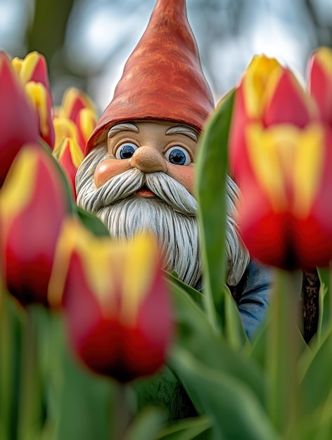 Photo garden gnome peeking out from behind a bed of tulips