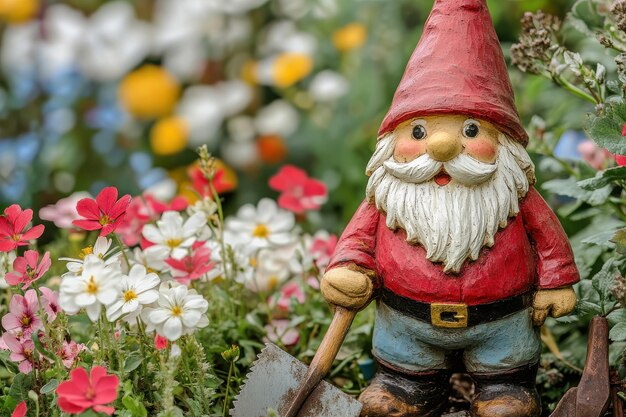 Photo garden gnome stands among colorful flowers in a vibrant backyard garden during springtime