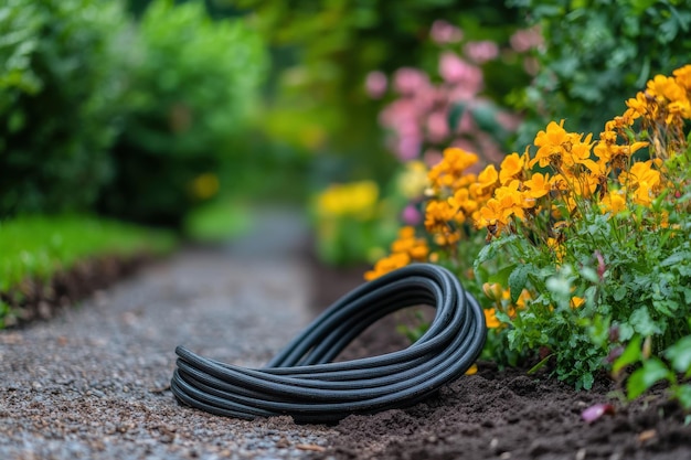 A garden hose lays on the ground beside vibrant flowers in a lush garden during springtime