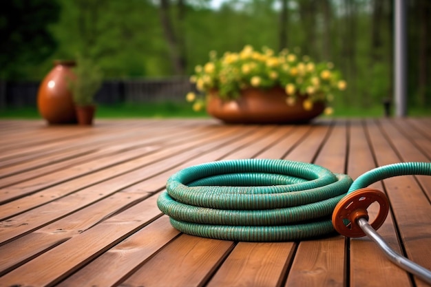 Photo garden hose with leak on wooden deck background created with generative ai