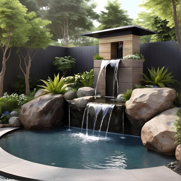 A garden landscaping concept for a modern home with outdoor water features Fountain waterfall