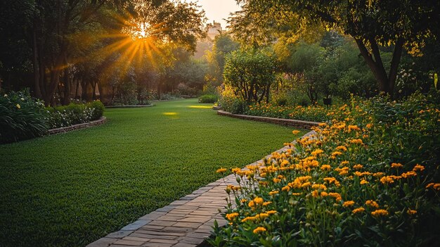 Photo the garden in the morning sun