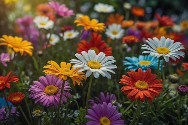 Garden of multicolored daisies