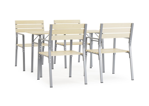 Garden, outdoor furniture isolated on white background. Wooden dining area. Clipping path included. 3D rendering.