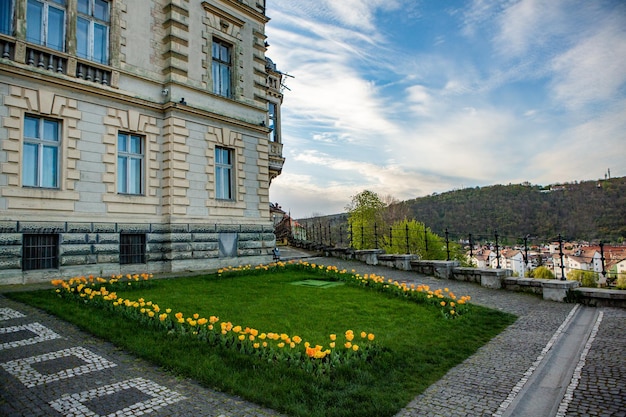 A garden outside the castle with a green lawn and flowers in front of it