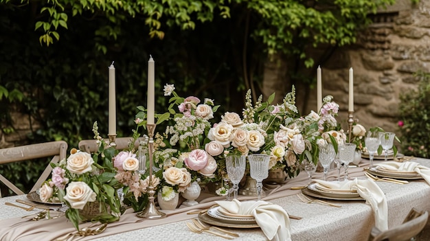 Garden party tablescape elegance with floral table decor