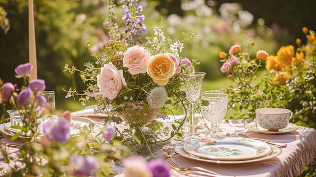 Garden party tablescape elegance with floral table decor