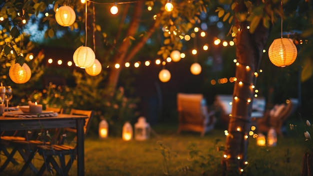 Garden party with twinkling string lights and lanterns copy space