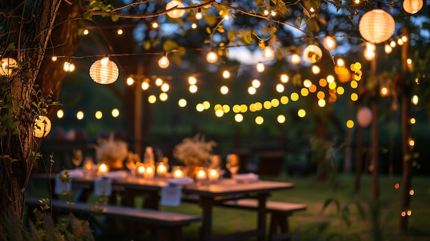 Garden party with twinkling string lights and lanterns copy space