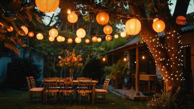 Garden party with twinkling string lights and lanterns copy space