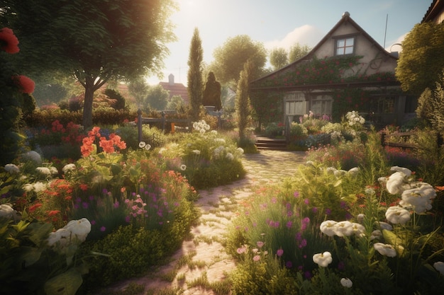 A garden path with flowers and a house in the background