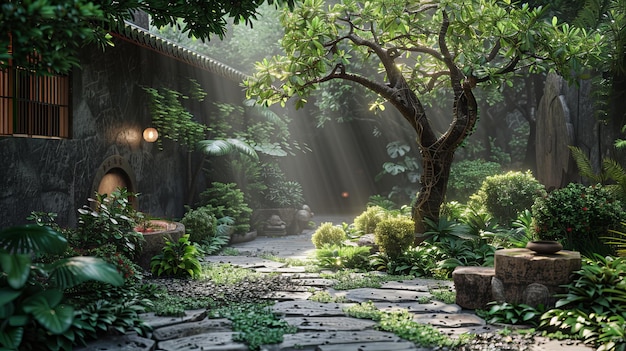 a garden path with a lantern in the background