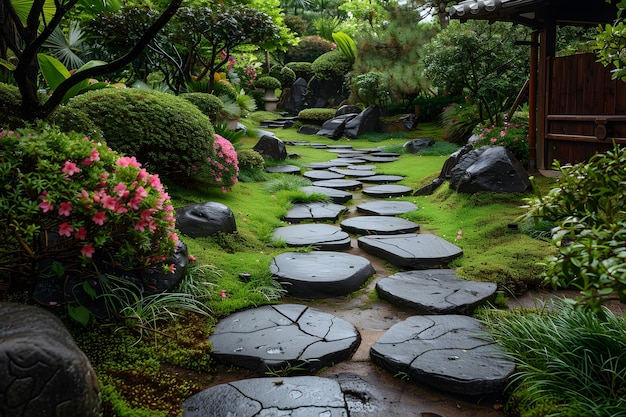 a garden path with rocks and flowers in the middle