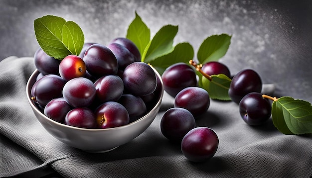 Garden plums in a bowl on gray tablecloth