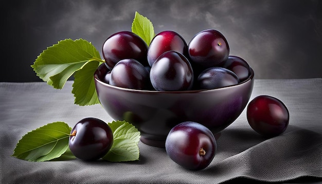 Garden plums on bowl on gray tablecloth