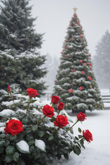 Garden of red rose and christmas tree in a snowy weather