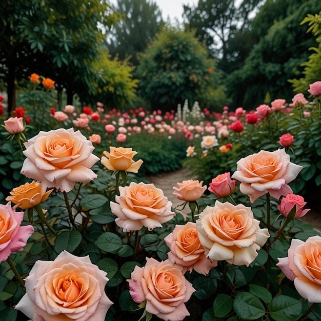 a garden of roses with a path leading to the right