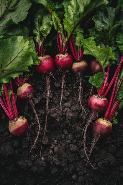 Garden row patch mature beetroot plants roots visible above soil organic vegetables agriculture