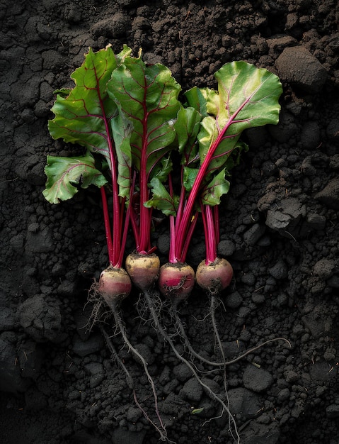 Garden row patch mature beetroot plants roots visible above soil organic vegetables agriculture