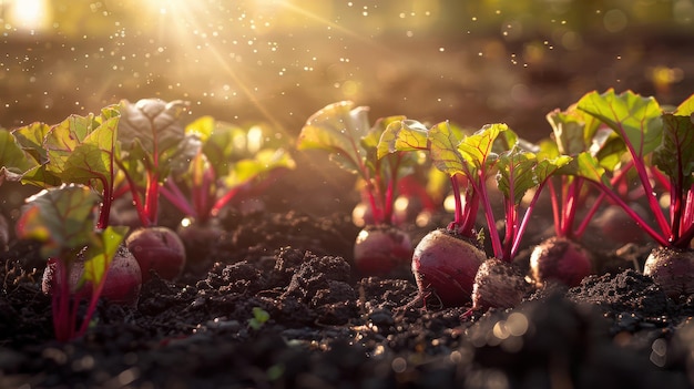 Garden row patch mature beetroot plants roots visible above soil organic vegetables agriculture