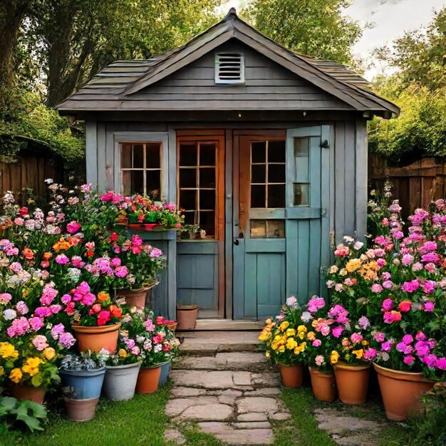 a garden shed with flowers and a door that says spring