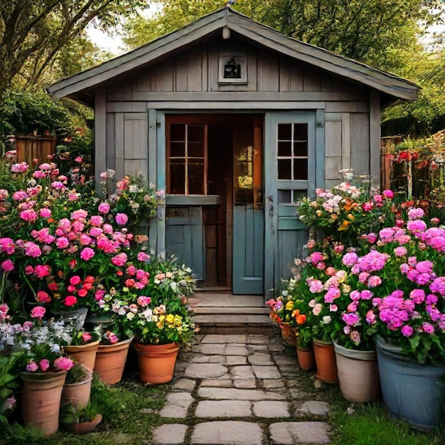 a garden shed with flowers in pots and a door that says spring