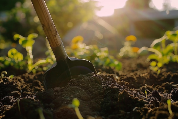 A garden shovel stands poised marking the start of a new growing season