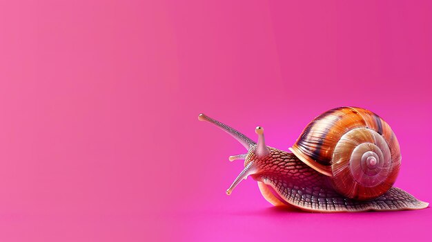 A garden snail crawling on a bright pink background