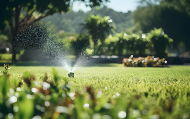 garden sprinkler on the green lawn automatic watering in the par