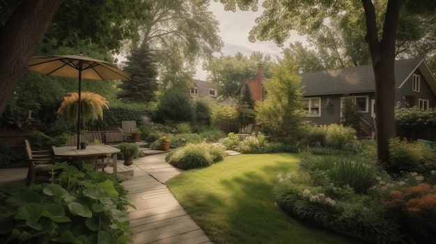 Garden stone path with grass growing up between the stonesDetail of a botanical garden Generative AI